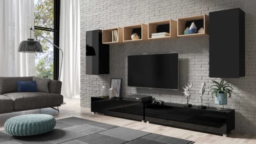 „Apulia XXXV“ sieninė spintelė, juodai blizgi / dirbtinio ąžuolo, išskirtinai stilinga sieninė spintelė, paprastų formų, tinkanti bet kokiam interjerui