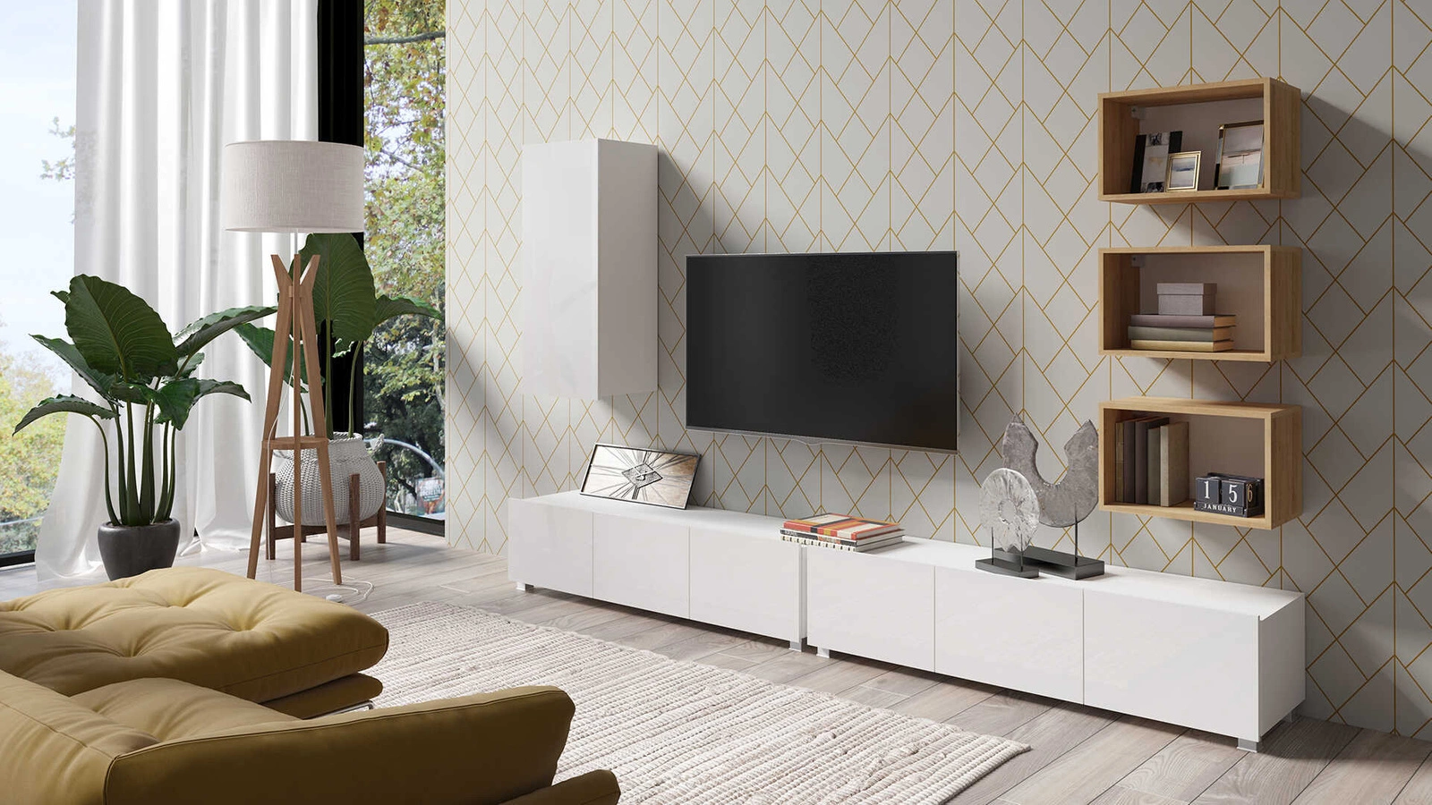 „Apulia XXXVI“ sieninė spintelė, baltai blizgi / auksinio ąžuolo spalvos – išskirtinai stilinga sieninė spintelė, paprastų formų, tinkanti bet kokiam interjerui