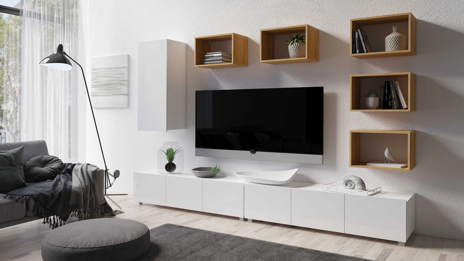 „Apulia XXXVII“ sieninė spintelė, baltai blizgi / auksinio ąžuolo spalvos – išskirtinai stilinga sieninė spintelė, paprastų formų, tinkanti bet kokiam interjerui