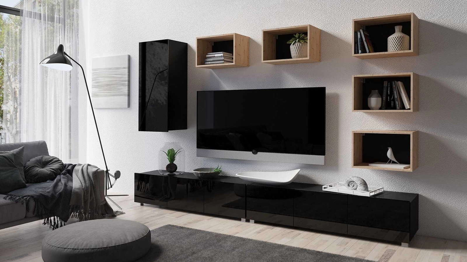 „Apulia XXXVII“ sieninė spintelė, juodai blizgi / dirbtinio ąžuolo, išskirtinai stilinga sieninė spintelė, paprastų formų, tinkanti bet kokiam interjerui