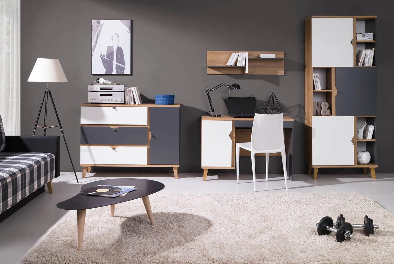 „Memone“ sieninė spintelė, auksinio ąžuolo / baltos / grafito spalvos, modernaus dizaino, stilingas skandinaviško stiliaus baldų komplektas vaikų kambariui