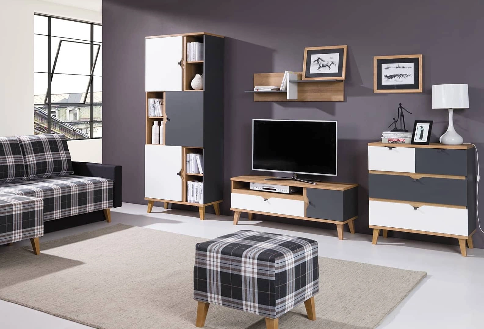 „Memone“ sieninė spintelė, auksinio ąžuolo / baltos / grafito spalvos, modernaus dizaino, stilingas skandinaviško stiliaus baldų komplektas jaunimo kambariui