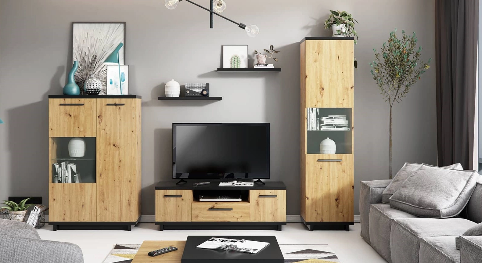 Simi GB sieninė spintelė, artisan ąžuolo / juodos spalvos, klasikinės baldų formos, pagaminta iš aukštos kokybės laminuotos plokštės, idealiai tinka svetainei