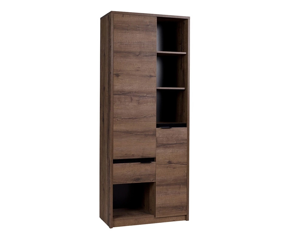 Denver knygų lentyna, 80 cm, Monastery ąžuolas / juoda blizgi, elegantiško dizaino knygų lentyna su durelėmis ir stalčiais, puikiai tinkanti biurui