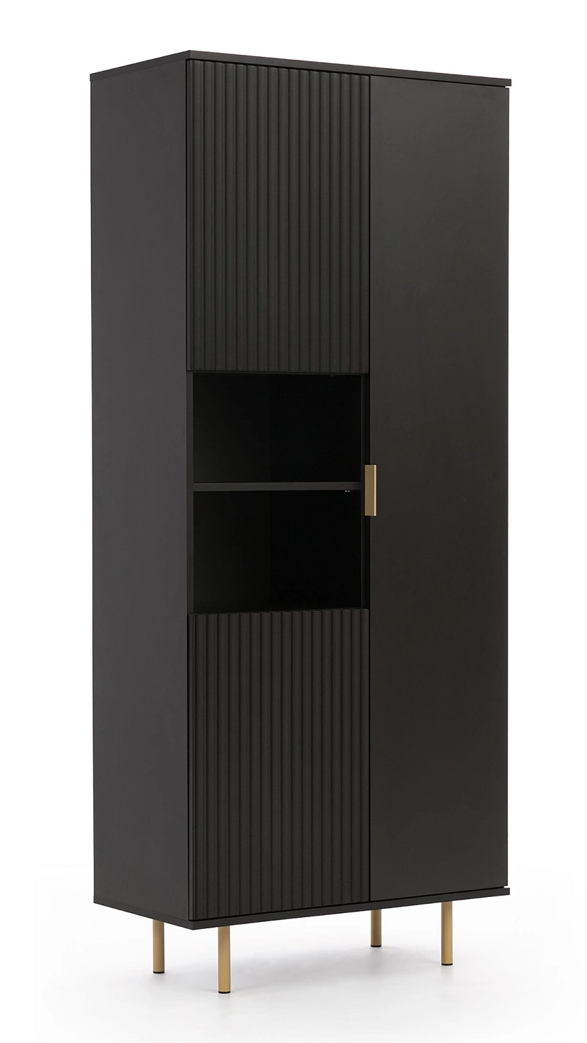 Sula knygų lentyna, 80 cm, juoda, elegantiško dizaino, stabili, aukšta kojele, su durelėmis svetainei, grioveliais priekyje ir atidarymo stumiant sistema