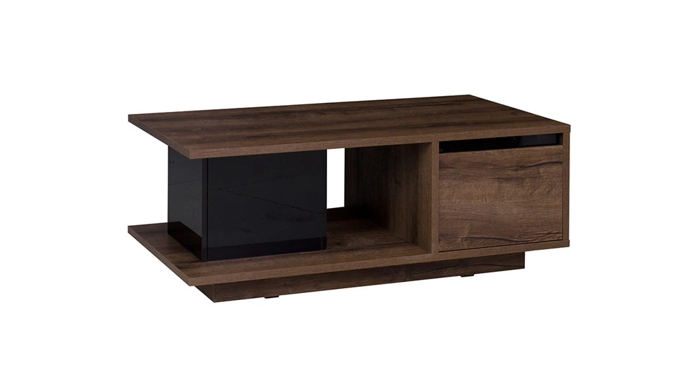 Denverio vienuolyno ąžuolo kavos staliukas / juodas blizgus paviršius Originalus svetainės kavos staliuko dizainas Erdvios spintelės Patvarus stalviršis