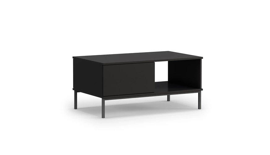 Tutti juodas kavos staliukas su stalčiais, paprastos formos, paremtas metaliniu pagrindu, atsparus išsiliejimui stalviršis