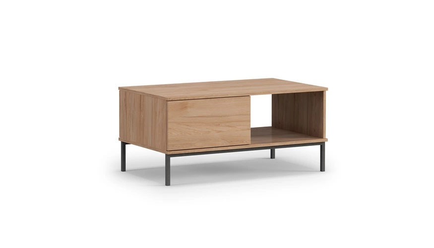 „Tutti“ kavos staliukas, hikorijos ąžuolo medienos, su stalčiais, paprastos formos, su metaliniu pagrindu, vandeniui atspariu stalviršiu