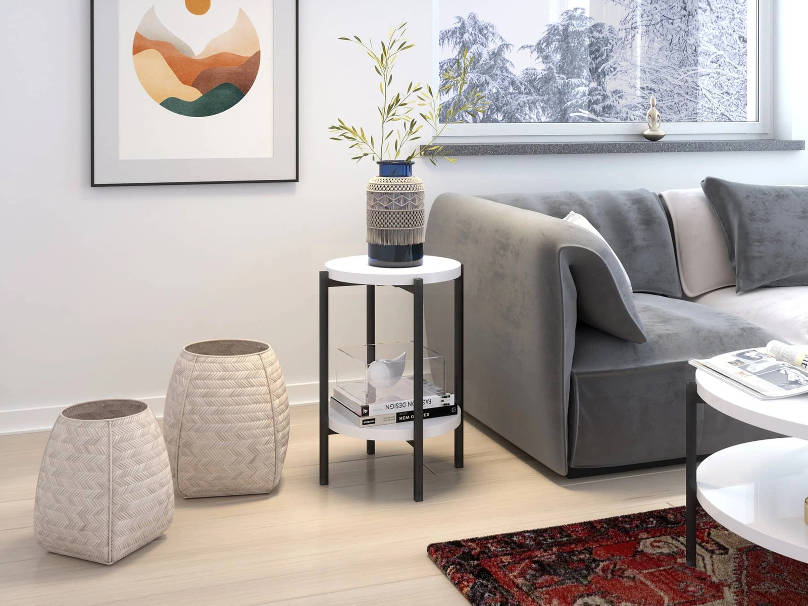 Stolik kawowy okrągły 44 cm Sampi biały połysk z dodatkową półką lekki design metalowa podstawa zachwycająca ozdoba każdego wnętrza