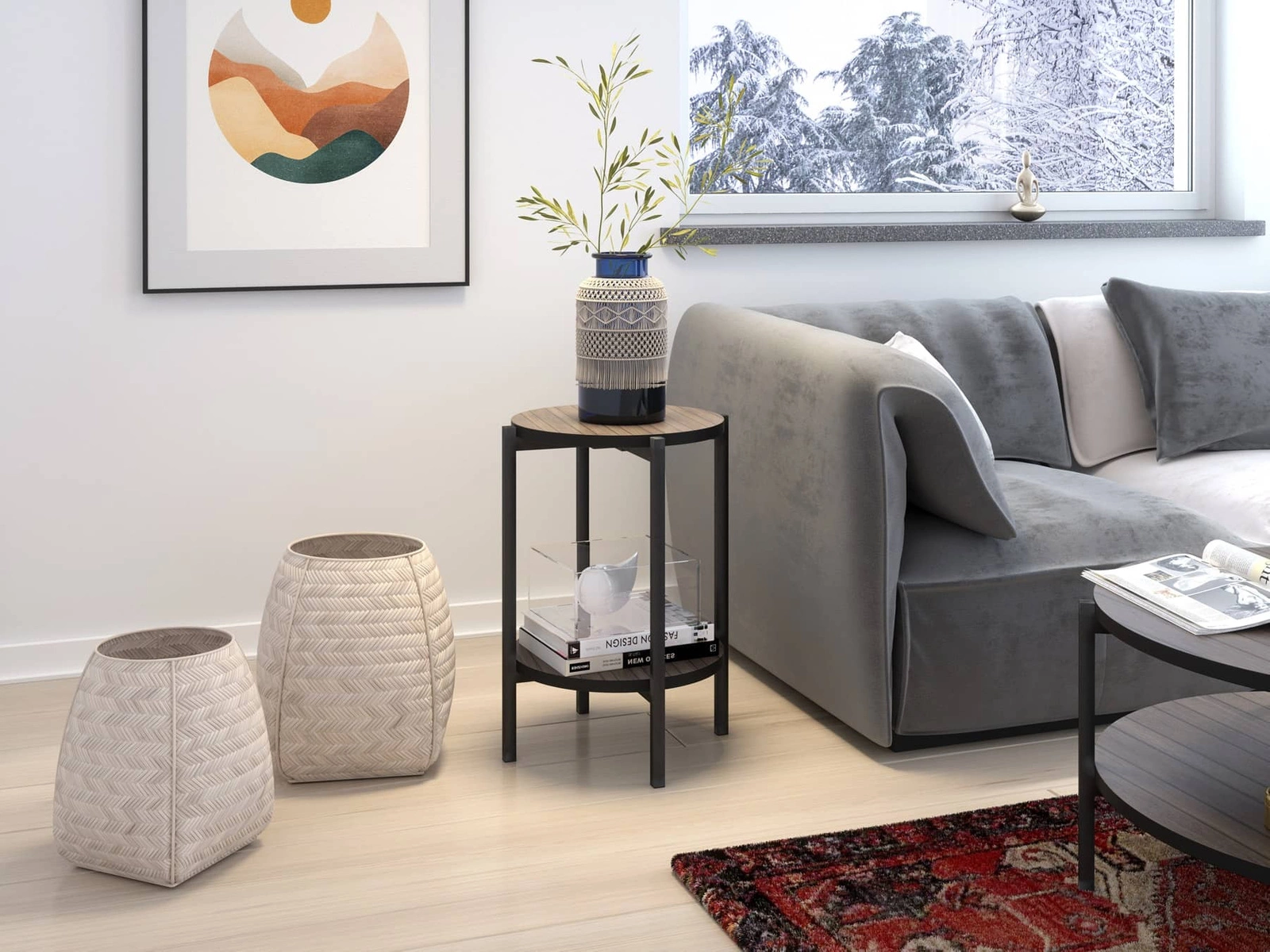 „Sampi“ kapitono denio apvalus kavos staliukas 44 cm su papildoma lentyna, lengvas dizainas, metalinis pagrindas, žavinga bet kokio interjero puošmena