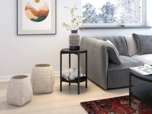 Apvalus Sampi kavos staliukas, 44 cm, juodas, su papildoma lentyna, lengvo dizaino, tvirtu metaliniu pagrindu – žavinga bet kokio interjero puošmena