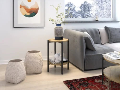 Apvalus kavos staliukas, 44 cm, „Sampi“ meniško ąžuolo spalvos, su papildoma lentyna, lengvo dizaino, metaliniu pagrindu – žavinga bet kokio interjero puošmena