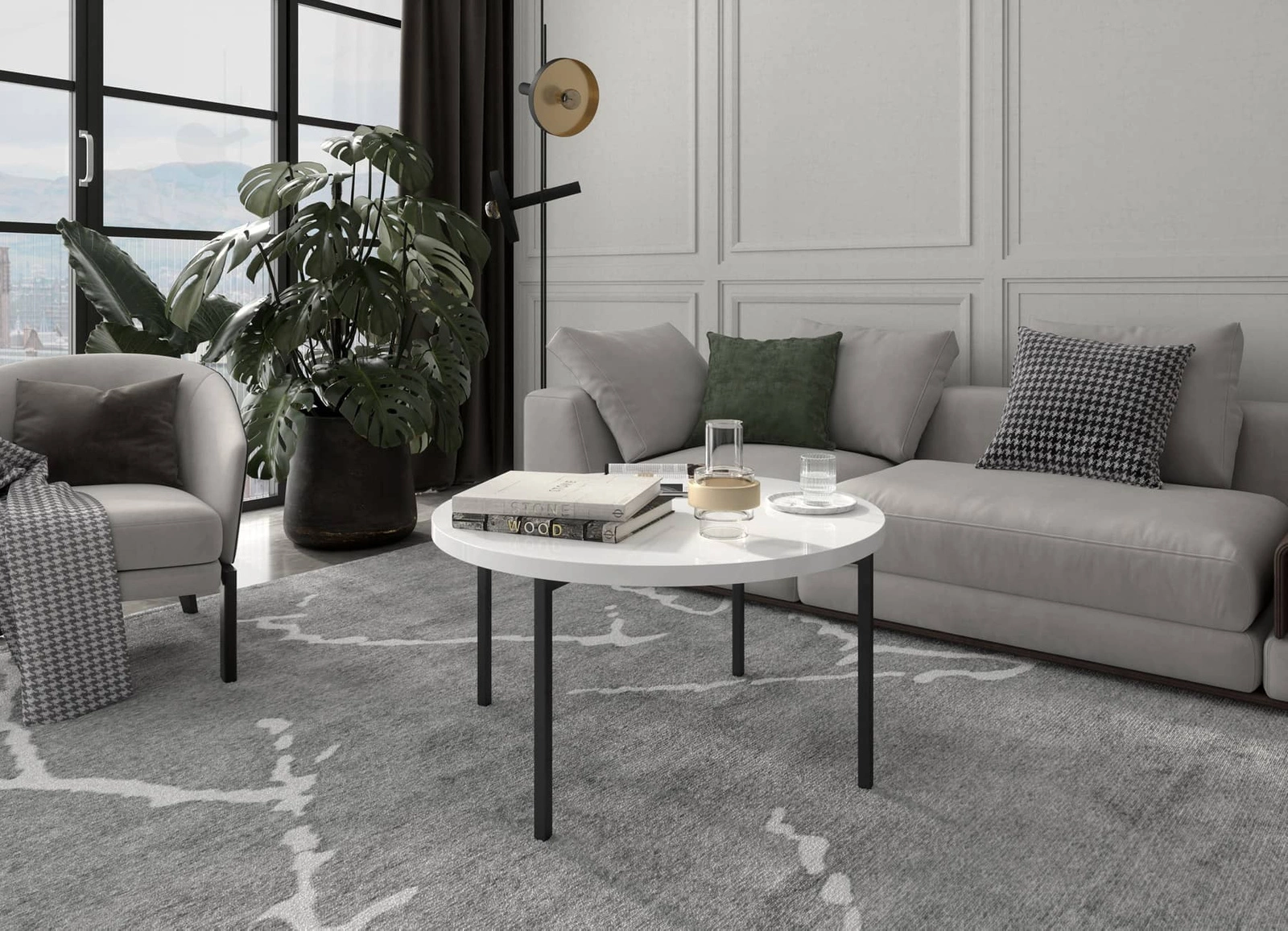 Stolik kawowy okrągły 80 cm Sampi biały połysk ponadczasowy design solidna metalowa podstawa idealny stolik do każdej aranżacji