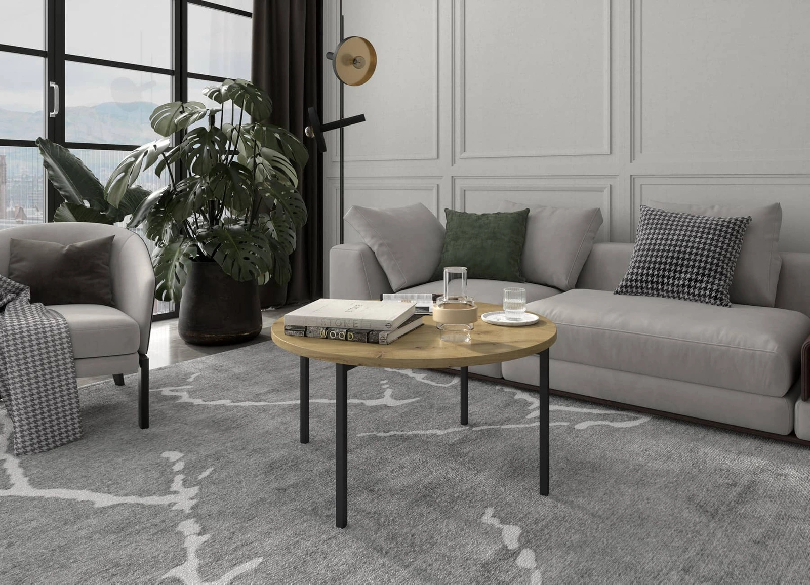 Apvalus kavos staliukas, 80 cm, „Sampi“ meniško ąžuolo spalvos, nesenstančio ir lengvo dizaino, tvirtas metalinis pagrindas, puikiai tinkantis bet kokiai kompozicijai