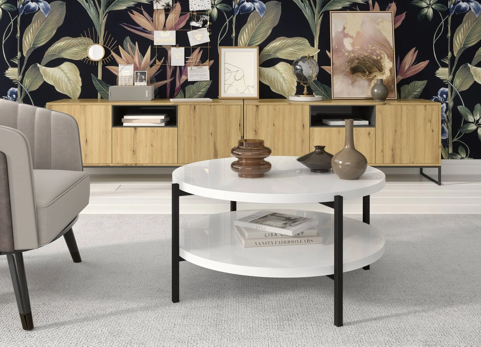 Apvalus Sampi kavos staliukas, 84 cm, baltas blizgus, su papildoma lentyna, lengvas dizainas, metalinis pagrindas, puikiai tinka bet kokiai kompozicijai