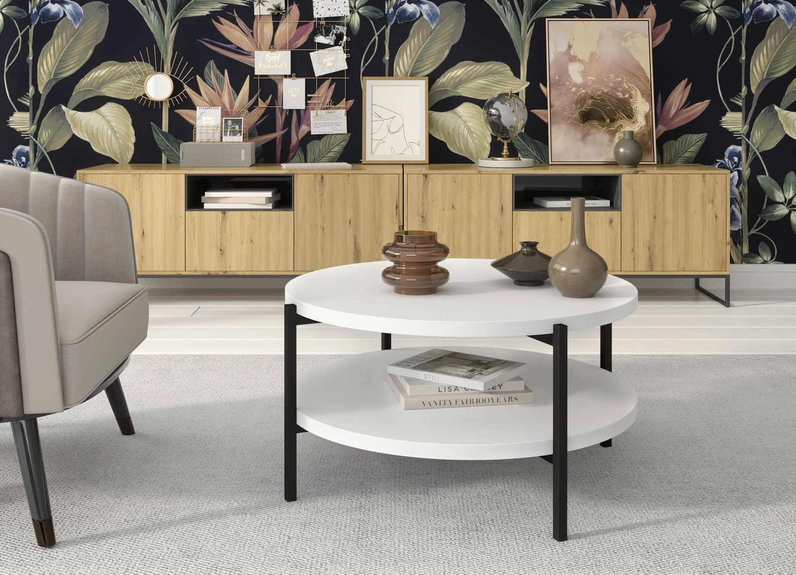 Apvalus Sampi kavos staliukas, 84 cm, baltas, su papildoma lentyna, lengvas dizainas, tvirtas metalinis pagrindas, puikiai tinka bet kokiai kompozicijai