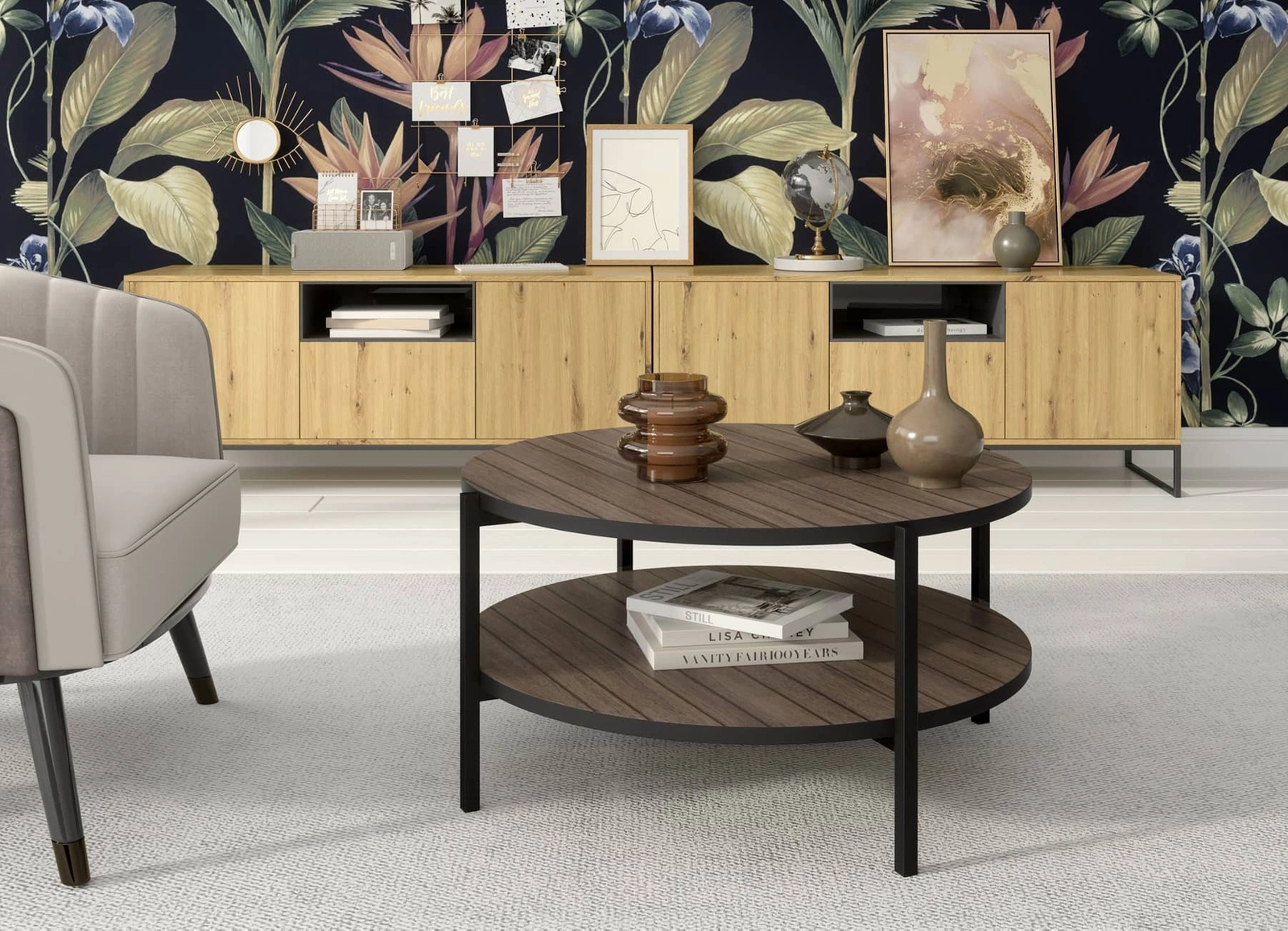 „Sampi“ kapitono denio apvalus kavos staliukas, 84 cm su papildoma lentyna, lengvas dizainas, metalinis pagrindas, puikiai tinka bet kokiai kompozicijai