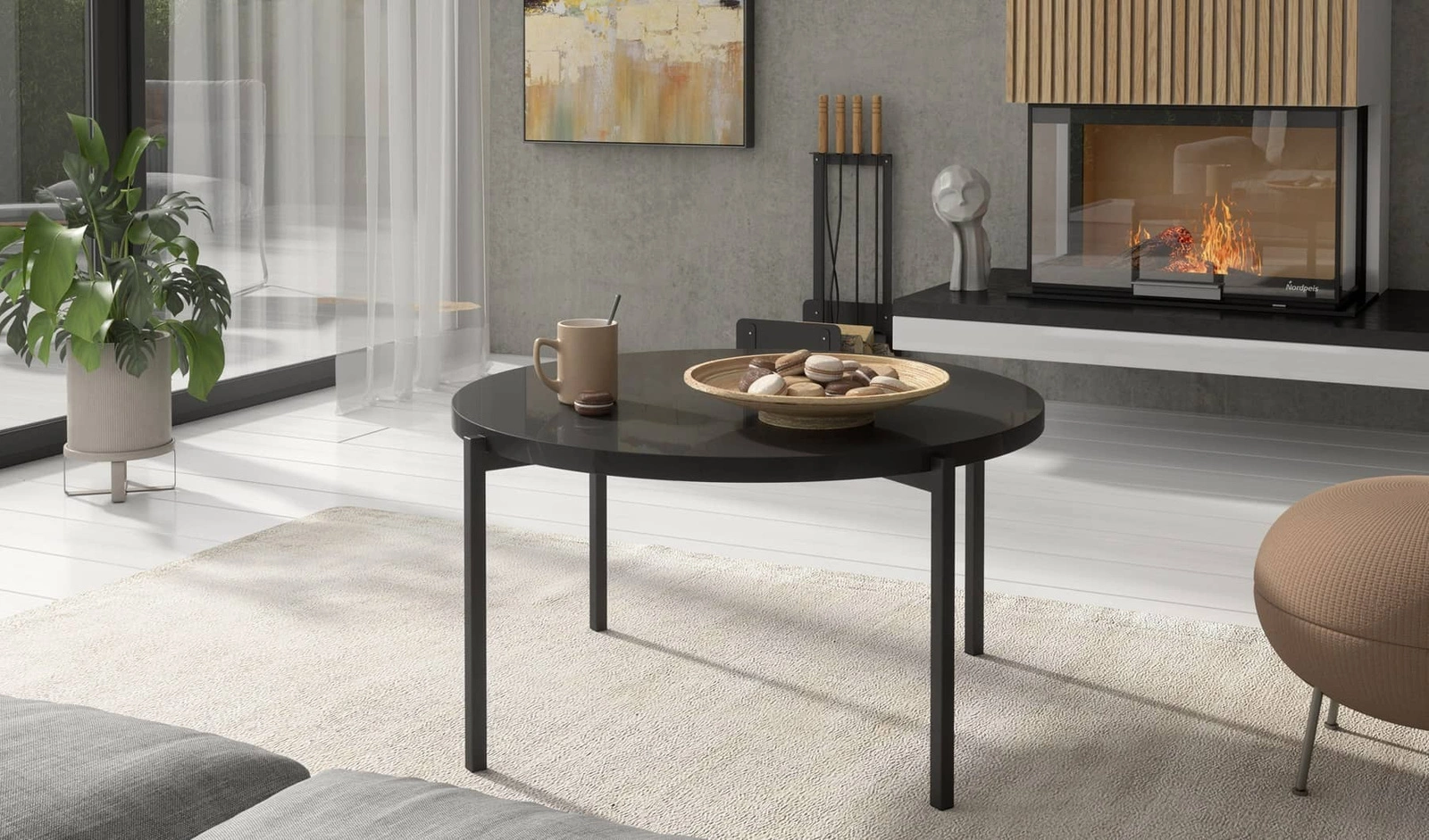 Apvalus Sampi kavos staliukas, 84 cm, juodas blizgus, nesenstantis dizainas, tvirtas metalinis pagrindas, puikiai tinka bet kokiai kompozicijai