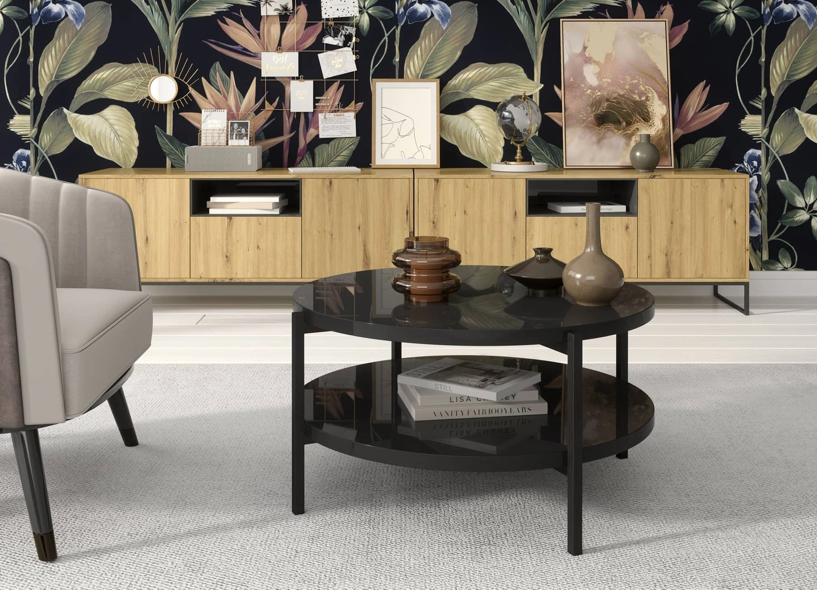 Apvalus „Sampi“ kavos staliukas, 84 cm, juodas blizgus, su papildoma lentyna, lengvo dizaino, metalinis pagrindas, puikiai tinkantis bet kokiai kompozicijai