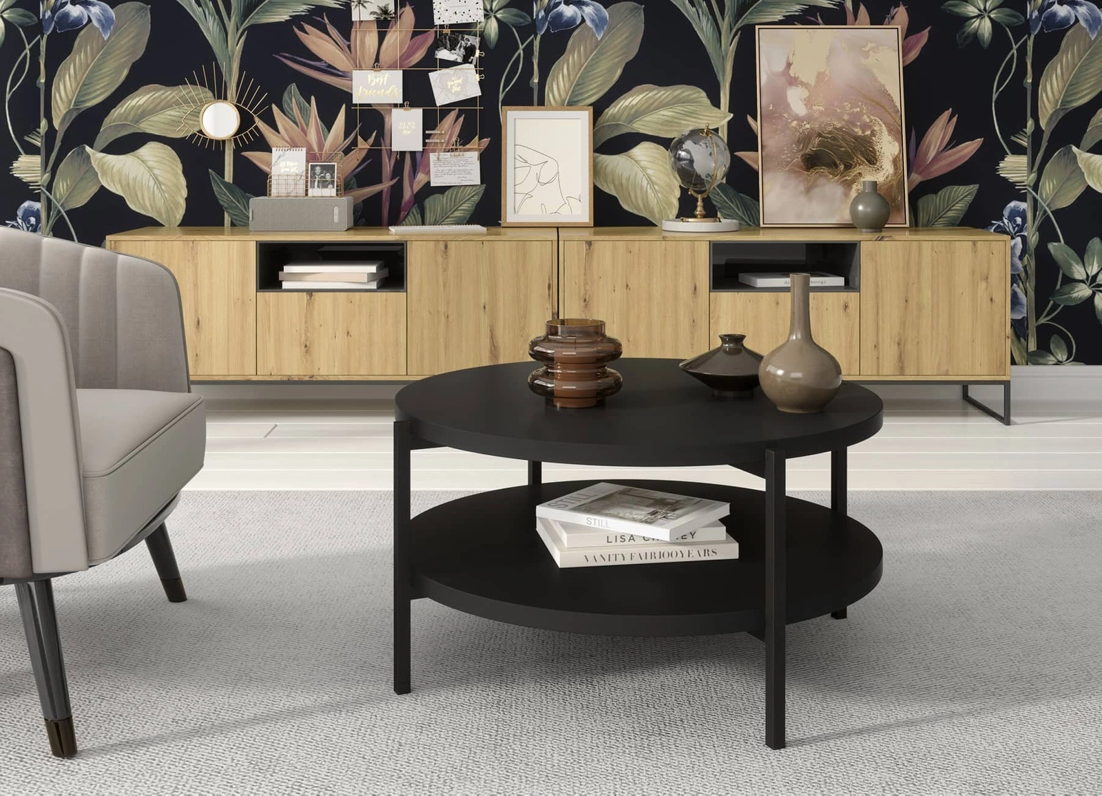 Apvalus Sampi kavos staliukas, 84 cm, juodas, su papildoma lentyna, lengvas dizainas, tvirtas metalinis pagrindas, puikiai tinka bet kokiai kompozicijai