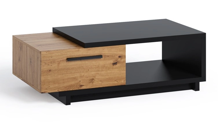 Kavos staliukas su stalčiumi, 120 cm, Simi GB, meniško ąžuolo / juodo atspalvio, modernaus dizaino, asimetrinės formos, atsparus išsiliejimui stalviršis