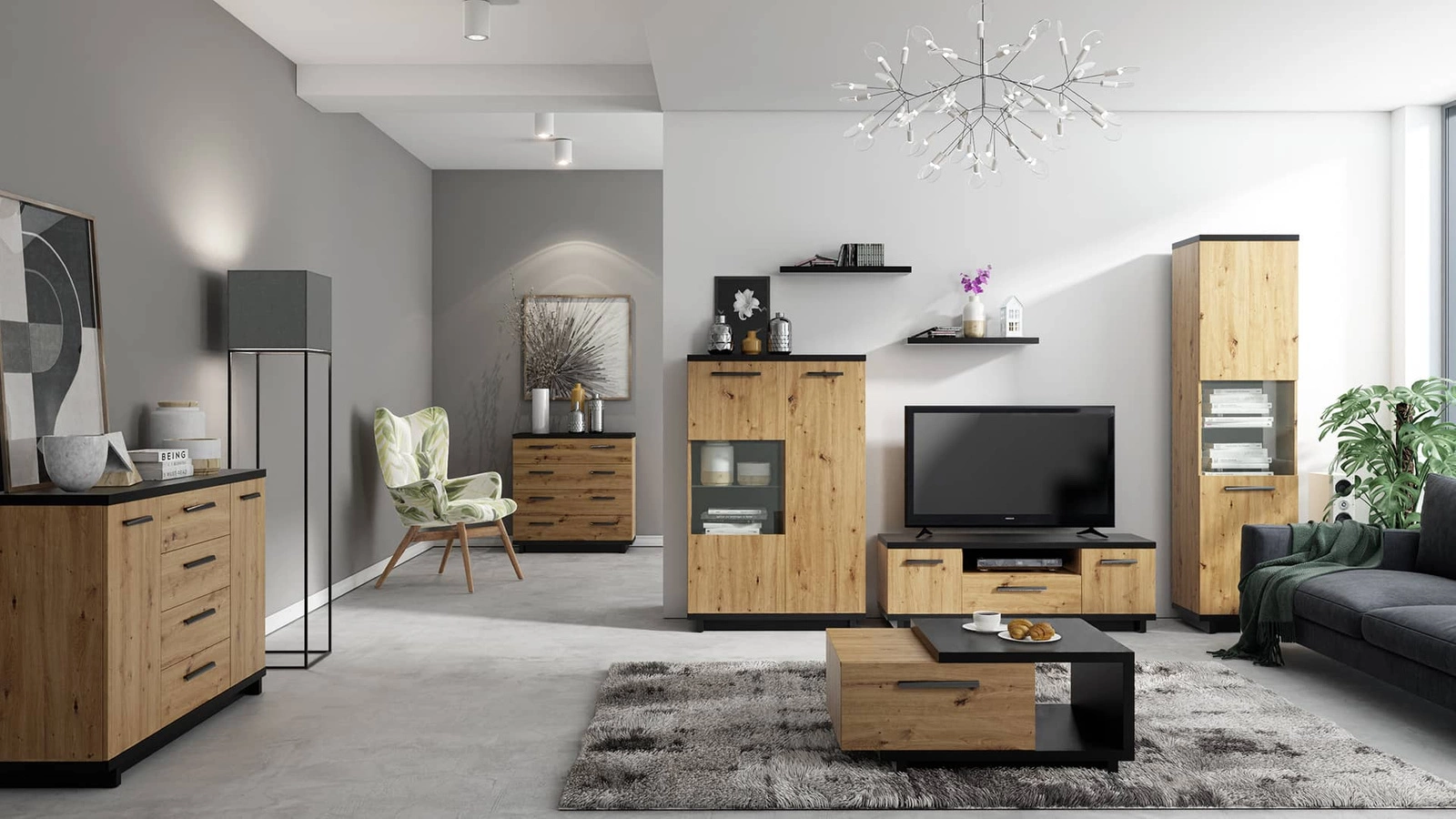 Kavos staliukas su stalčiumi, 120 cm, Simi GB, meniško ąžuolo / juodo atspalvio, modernaus dizaino, asimetrinės formos, atsparus išsiliejimui stalviršis - Paveikslėlis 2