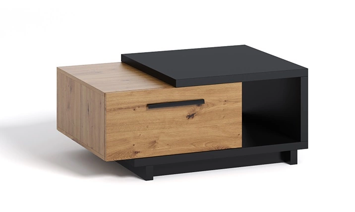 Kavos staliukas su stalčiumi, 90 cm, Simi GB, meniško ąžuolo / juodo atspalvio, modernaus dizaino, asimetrinės formos, atsparus išsiliejimui stalviršis