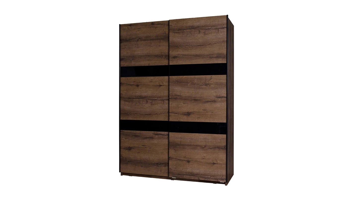 Denver stumdoma spinta, 150 cm, vienuolyno ąžuolas / juodas blizgus, funkcionali ir stilinga spinta miegamajam, rūbinei ar prieškambariui