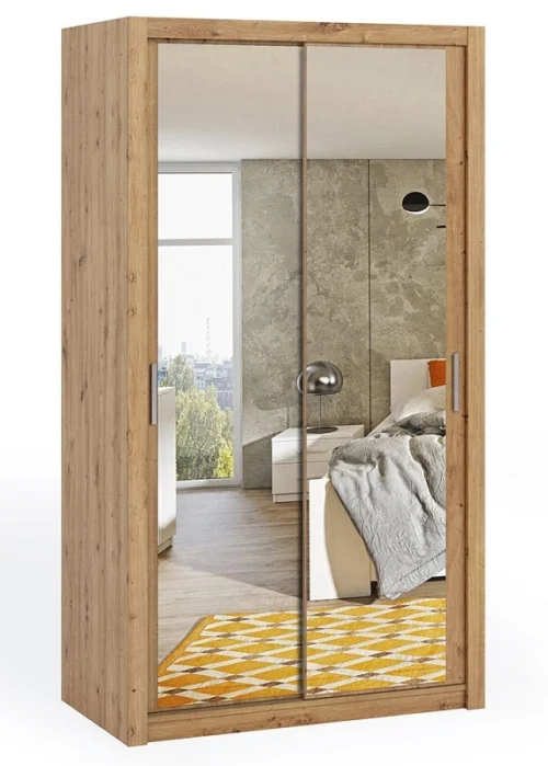 Rico stumdoma spinta su veidrodžiu 120 cm, ąžuolo imitacijos, funkcionalus klasikinio stiliaus baldas, ideali spinta miegamajam ar persirengimo kambariui