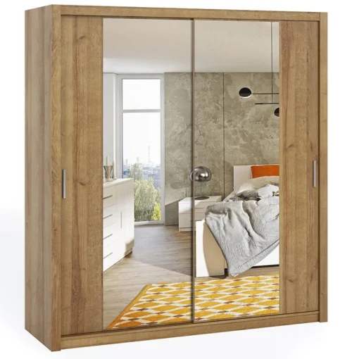 Rico stumdoma spinta su veidrodžiu 200 cm, ąžuolo imitacijos, funkcionalus klasikinio stiliaus baldas, spinta skirta miegamajam arba prieškambariui