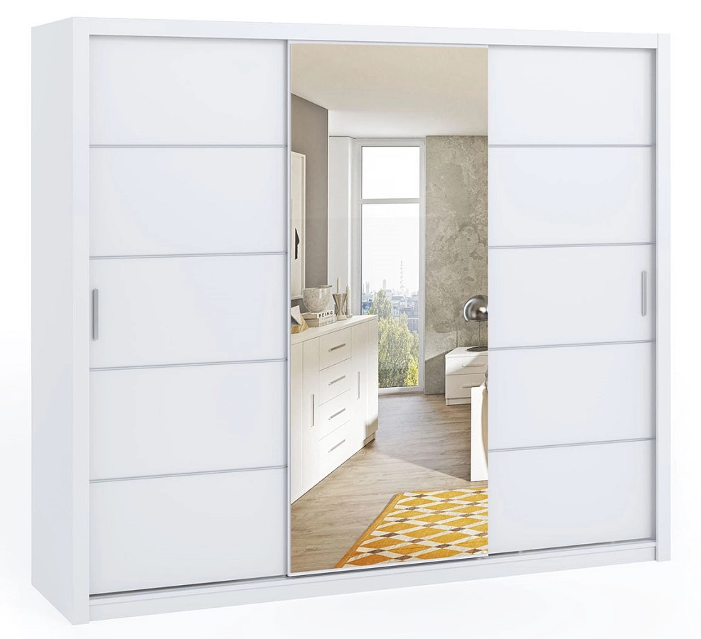 „Rico“ stumdoma spinta su veidrodžiu, 250 cm, balta, erdvi spinta miegamajam, persirengimo kambariui arba prieškambariui, klasikinės formos su geometrinėmis formomis