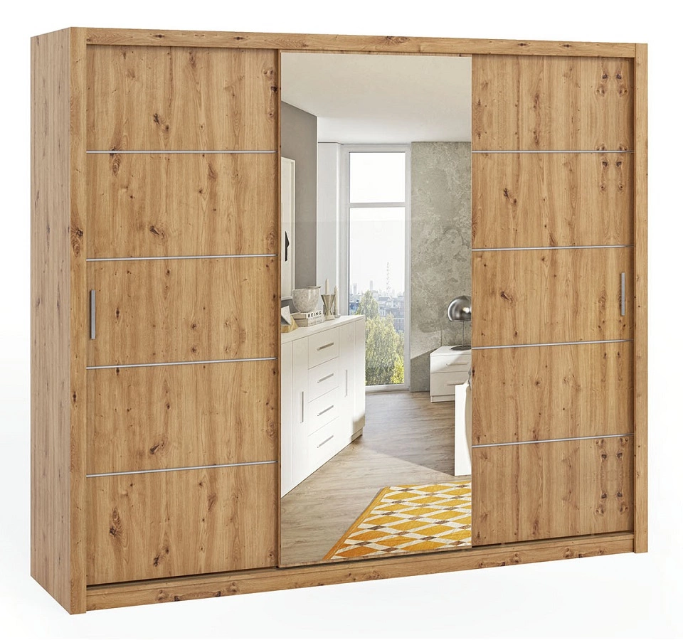 „Rico“ stumdoma spinta su veidrodžiu 250 cm, dirbtinio ąžuolo spalvos, erdvi spinta miegamajam, persirengimo kambariui ar prieškambariui, klasikinė forma su geometrinėmis figūromis