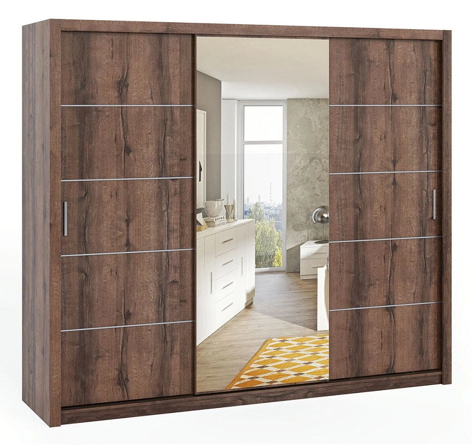 Rico stumdoma spinta su veidrodžiu 250 cm, vienuolyno ąžuolas, erdvi spinta miegamajam, rūbinei ar prieškambariui, klasikinė forma su geometrinėmis figūromis