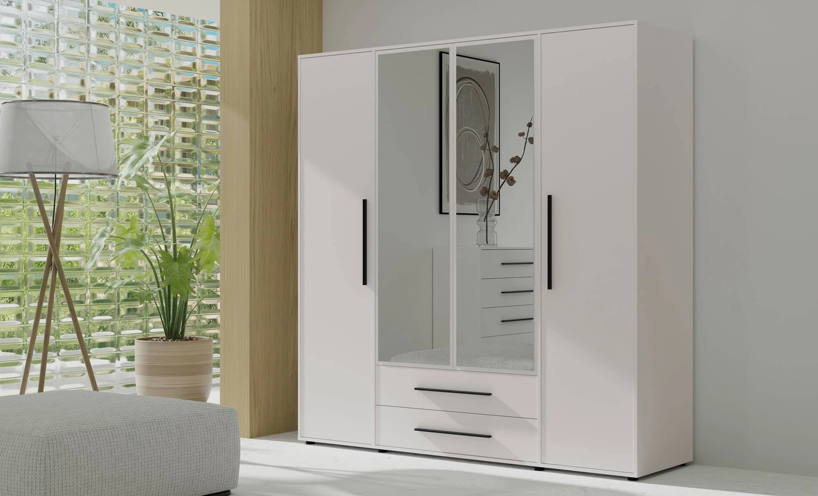 „Maxione“ 198 cm veidrodinė spinta, balta, erdvi spinta miegamajam, jaunimo kambariui ar prieškambariui, praturtinta stalčiais