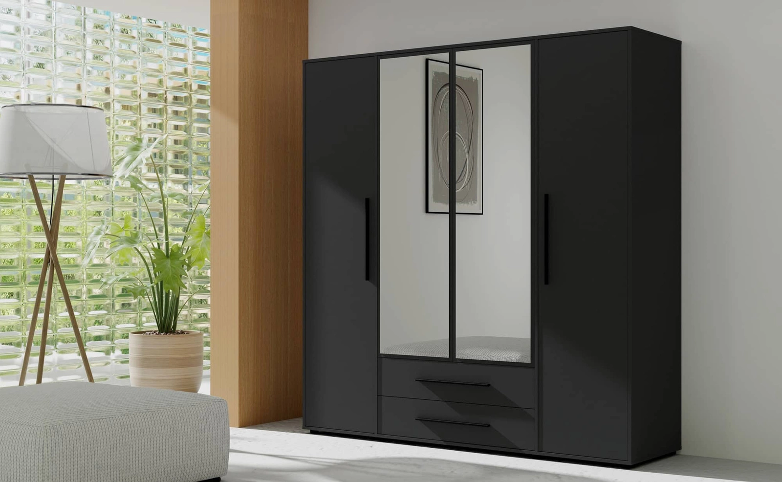 „Maxione“ 198 cm veidrodinė spinta, juoda, erdvi spinta miegamajam, jaunimo kambariui ar prieškambariui, praturtinta stalčiais