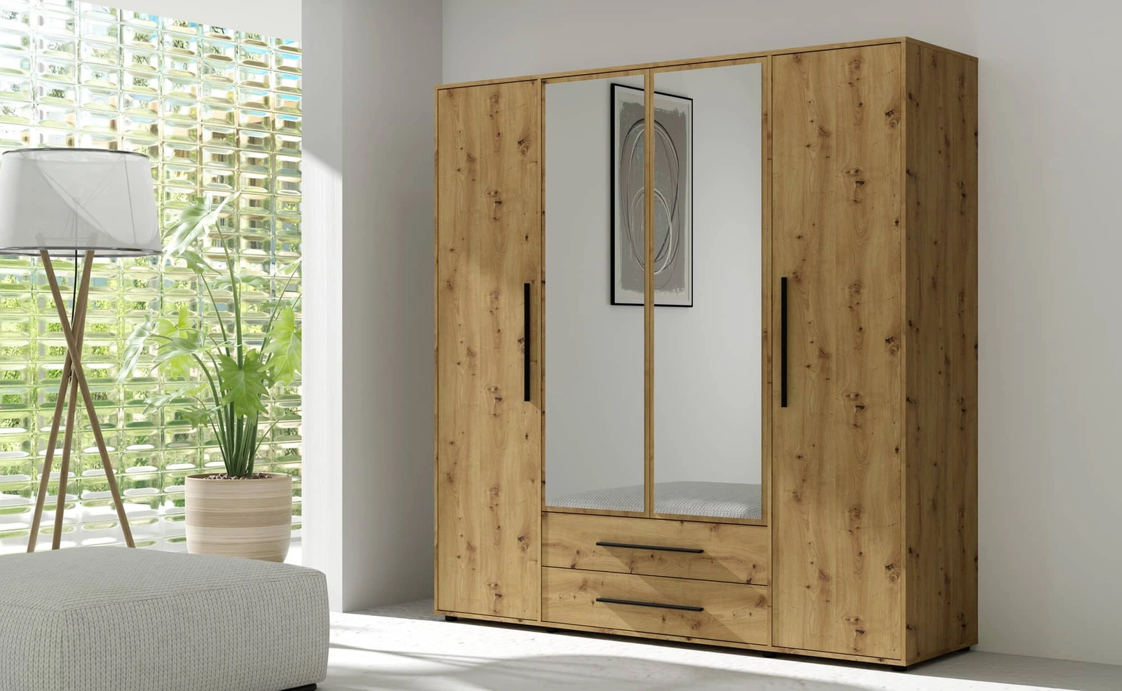 „Maxione“ veidrodinė spinta, 198 cm, meniško ąžuolo, erdvi spinta miegamajam, jaunimo kambariui ar prieškambariui su stalčiais