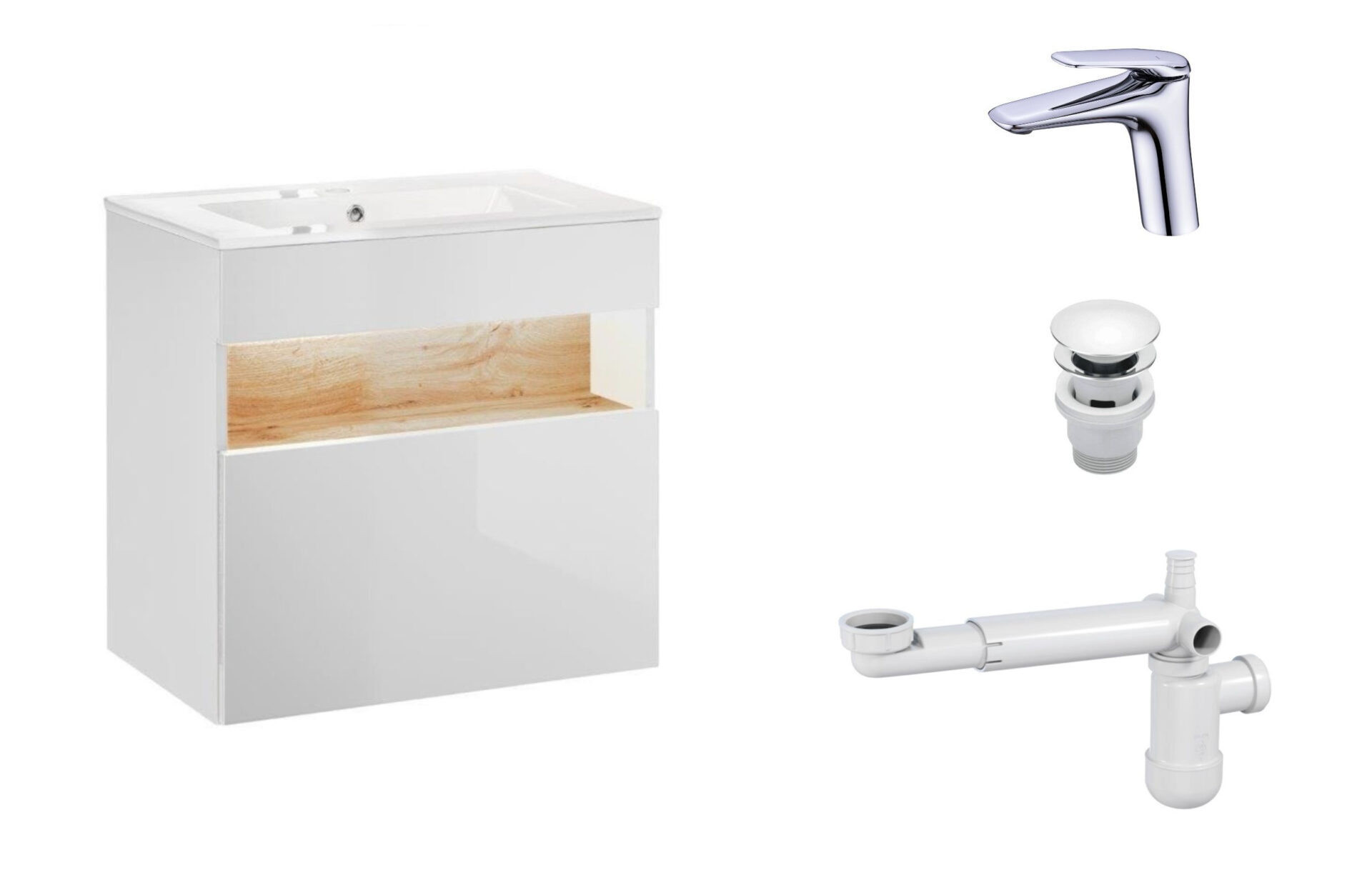 60 cm „Bahama“ balta spintelė su praustuvu, maišytuvu ir sifonu su kamščiu