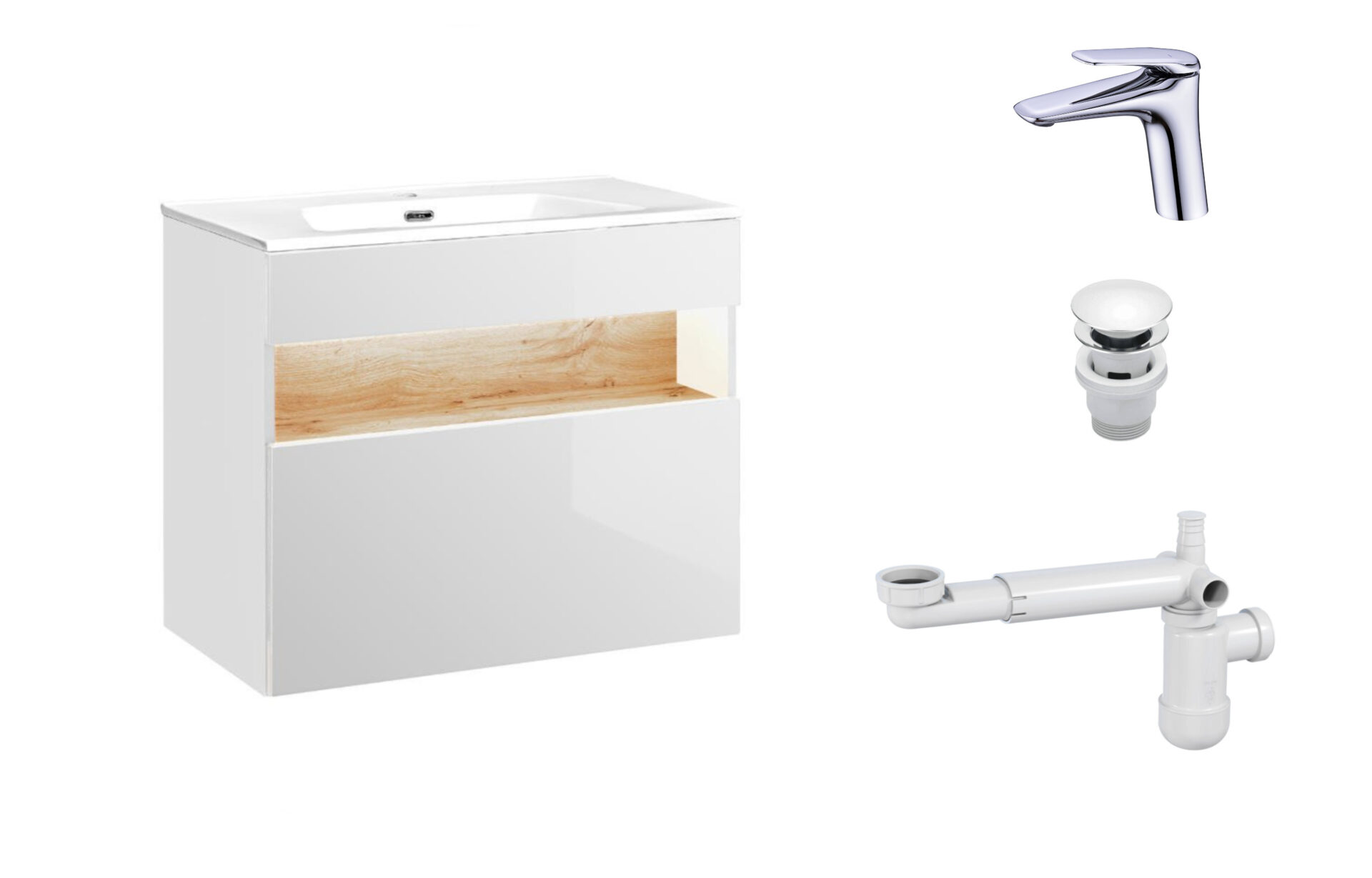 80 cm „Bahama“ balta spintelė su praustuvu, maišytuvu ir sifonu su kamščiu