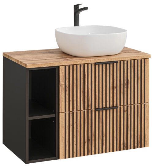 80 cm Xilo juoda Wotan spintelė su Smile praustuvu ir lentyna