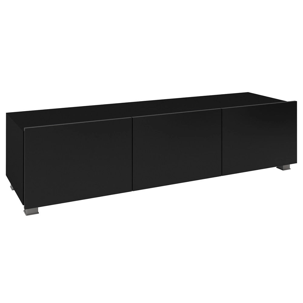 „Apulia“ televizoriaus spintelė 150 cm, juoda blizgi, su pakabinimo galimybe, minimalistinis dizainas, paprastos formos, tinkanti bet kokiam interjerui