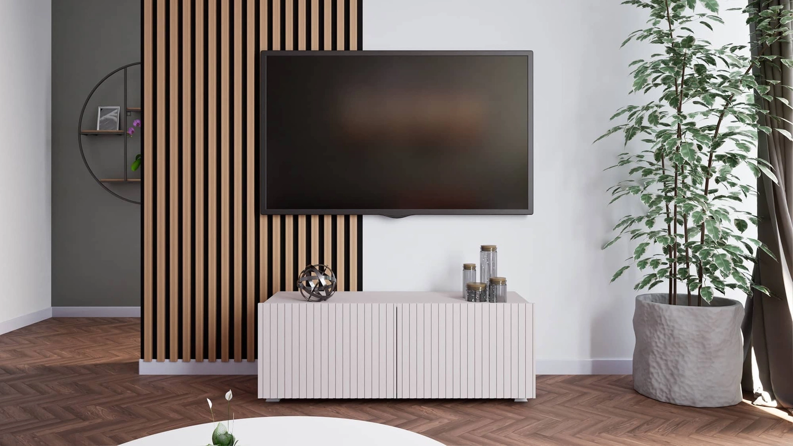 Szafka RTV Colder 100 cm beżowa z możliwością podwieszenia stylowy ryflowany front elegancka forma mebla w nowoczesnym stylu