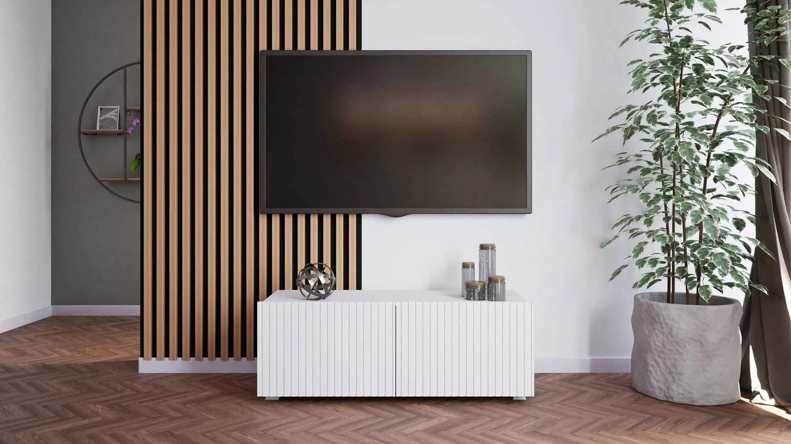 Šalta TV spintelė 100 cm, balta, su pakabinimo galimybe, stilingas griovelių priekis, elegantiška modernaus stiliaus baldų forma