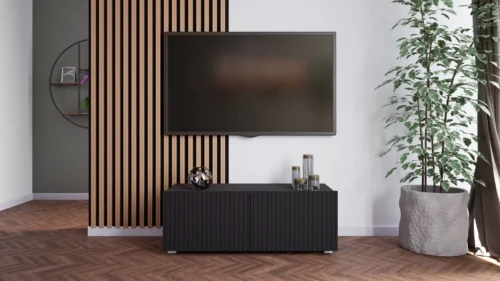 Šalta TV spintelė 100 cm, juoda, su pakabinimo galimybe, stilingas griovelių priekis, elegantiška modernaus stiliaus baldų forma