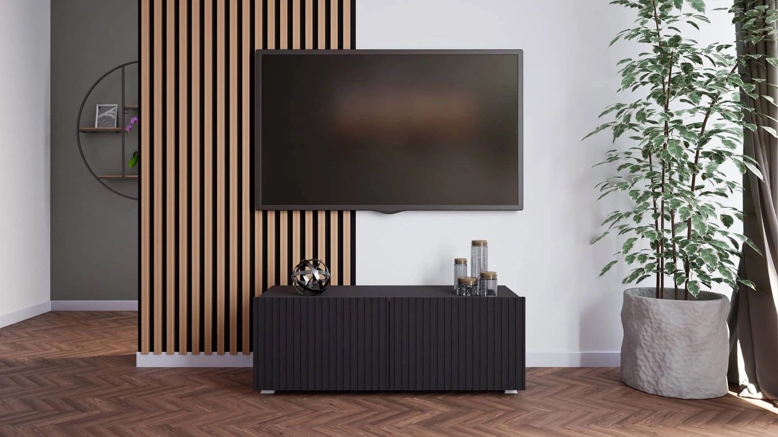 Šalta TV spintelė 100 cm, juoda, su pakabinimo galimybe, stilingas griovelių priekis, elegantiška modernaus stiliaus baldų forma