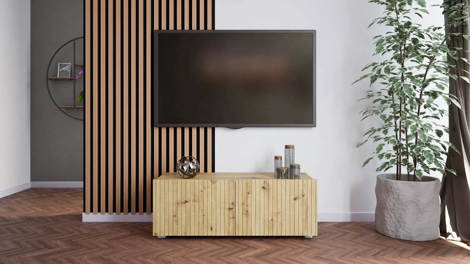 Šalta TV spintelė 100 cm, ąžuolo spalvos, su pakabinimo galimybe, stilingas griovelių priekis, elegantiška modernaus stiliaus baldų forma
