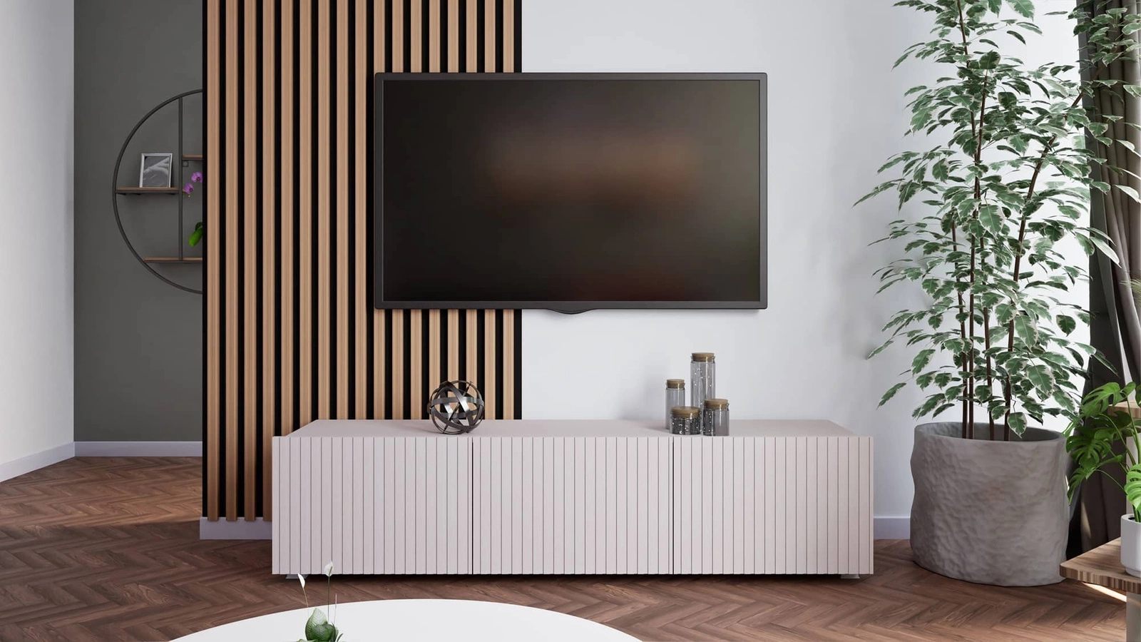 Šaltesnė TV spintelė 150 cm smėlio spalvos su pakabinimo galimybe, stilingas griovelių priekis, elegantiška modernaus stiliaus baldo forma