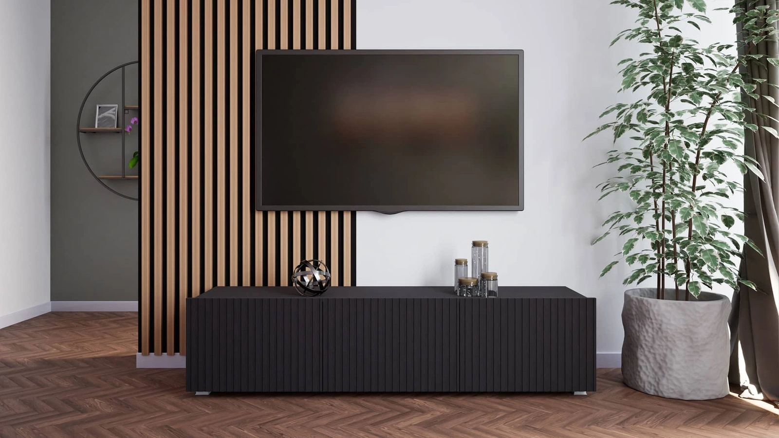 Šalta TV spintelė 150 cm, juoda, su pakabinimo galimybe, stilingas griovelių priekis, elegantiška modernaus stiliaus baldo forma