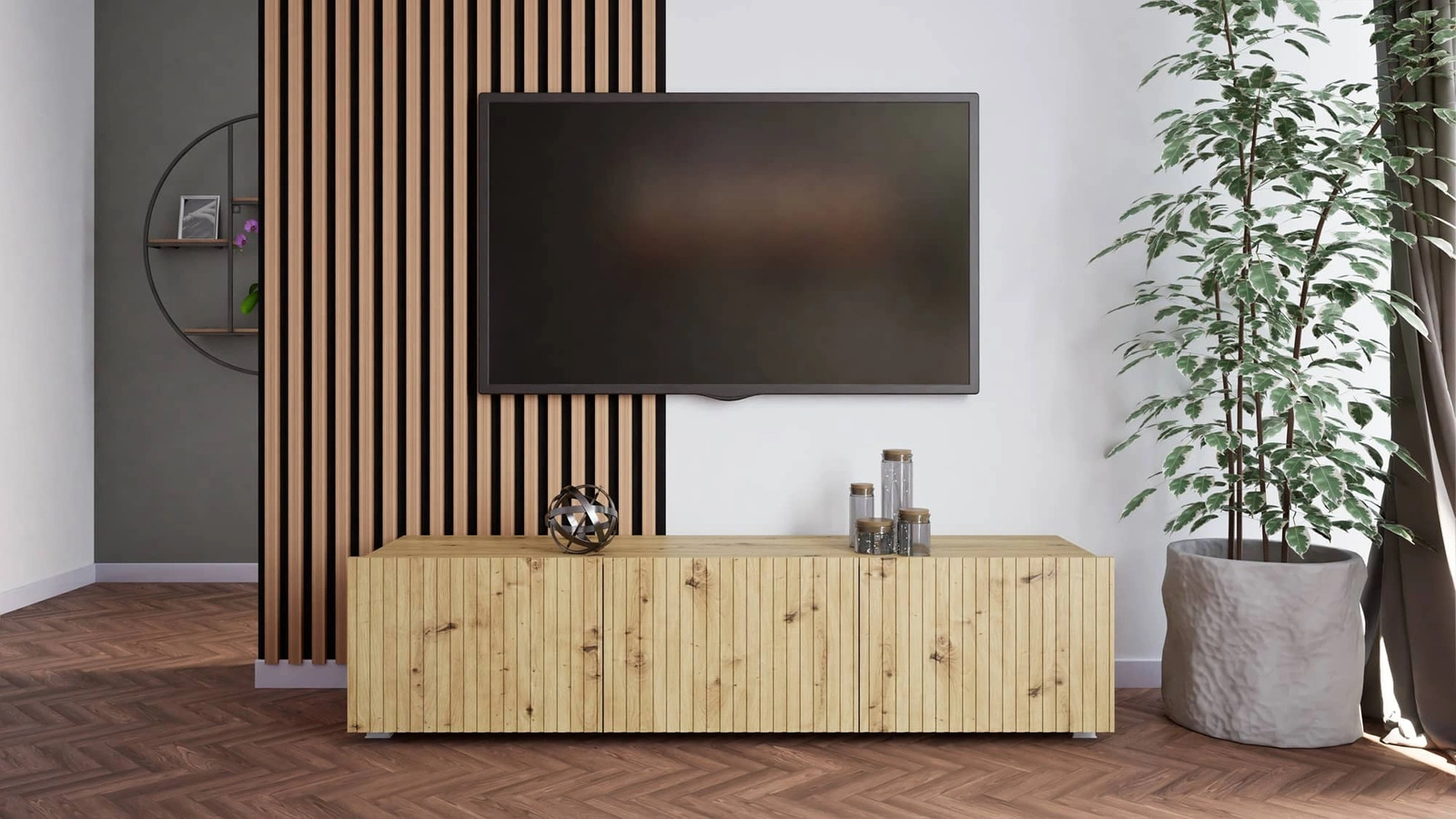 Šalta TV spintelė 150 cm, ąžuolo spalvos, su pakabinimo galimybe, stilingas griovelių priekis, elegantiška modernaus stiliaus baldų forma