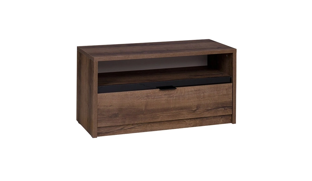 Denver TV staliukas, 90 cm, monastery ąžuolas / juodas blizgus, paprastos konstrukcijos, minimalistinis TV staliukas su stalčiumi