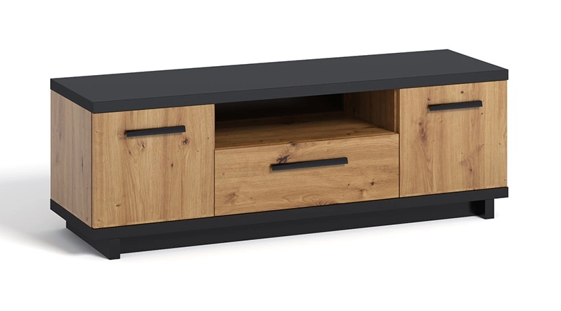 Simi GB TV spintelė, 135 cm, meniško ąžuolo / juodos spalvos, minimalistinio dizaino, puikiai tinka svetainei ar poilsio kambariui, klasikinės formos